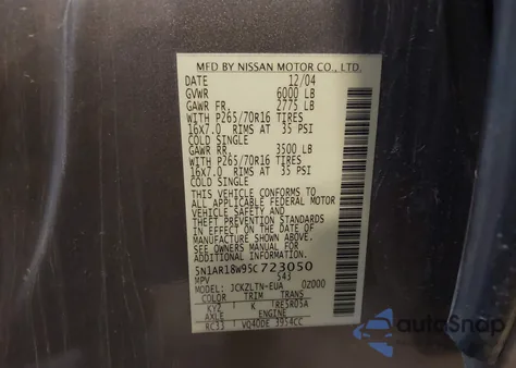 2005 Nissan Pathfinder Se из США, поврежденный, VIN 5N1AR18W95C723050